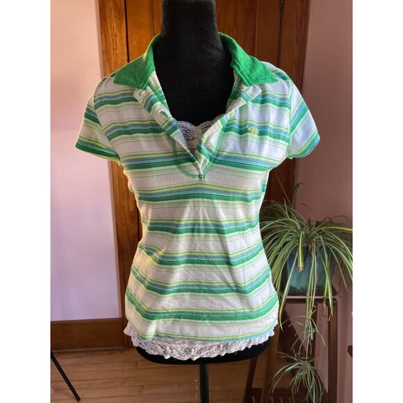 VTG Y2K Energie green striped polo top preppy Sz XL Mallcore Bratz Avril Lavigne - Picture 3 of 10